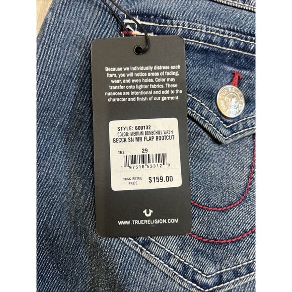 True Religion Jeans Becca Red Stitch Mid Rise SN Flap Boot Cut Women’s Size 29 - Picture 3 of 10